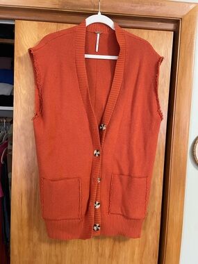 Free People Rust Orange Women’s Knit Button Vest - Sleeveless Sweater